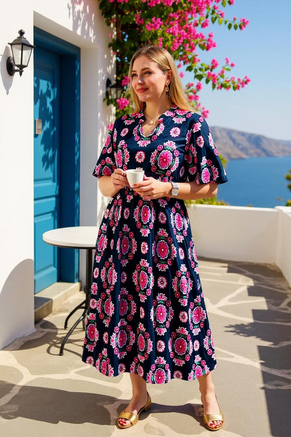 Maxi dress wholesale Floral printed & elastic waist & short sleeves GJQ16152