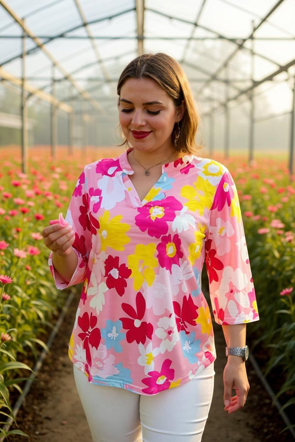 Shop women's clothing online Floral printed 3/4 sleeves & v-neckline GJQ16163