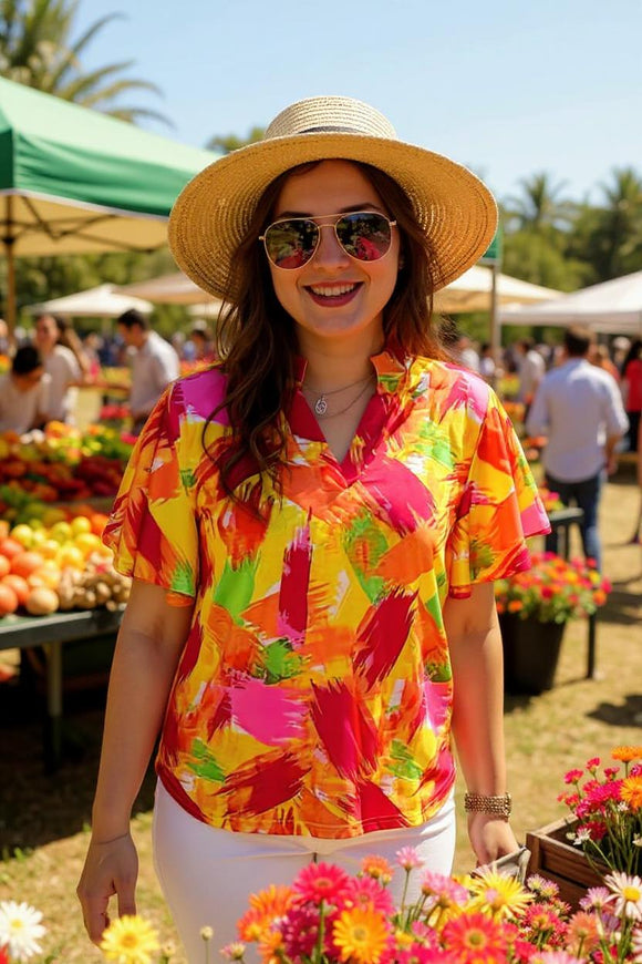 Wholesale women's clothing Yellow & Pink & Red prints & bell short sleeves BQ16028