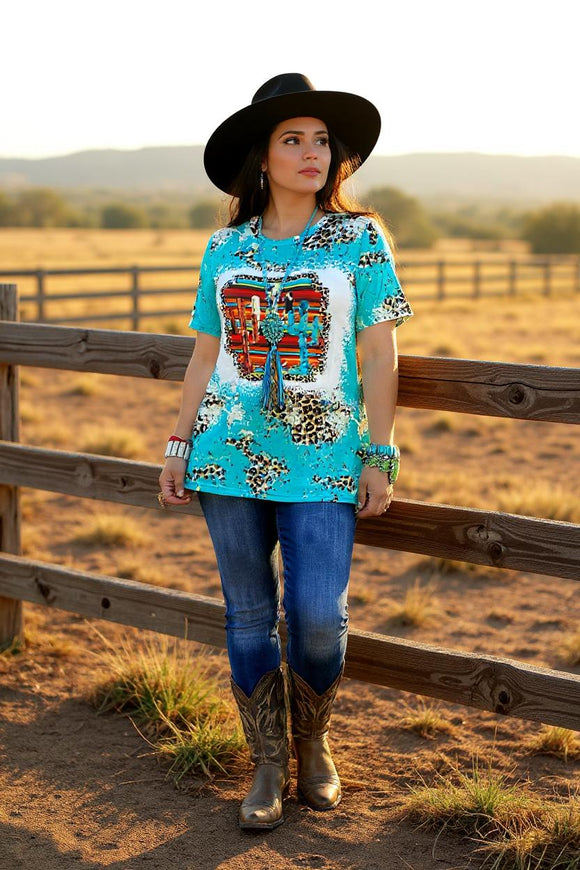 Turquoise leopard serape & cactus printed short sleeve t-shirt XCH12974 IS15