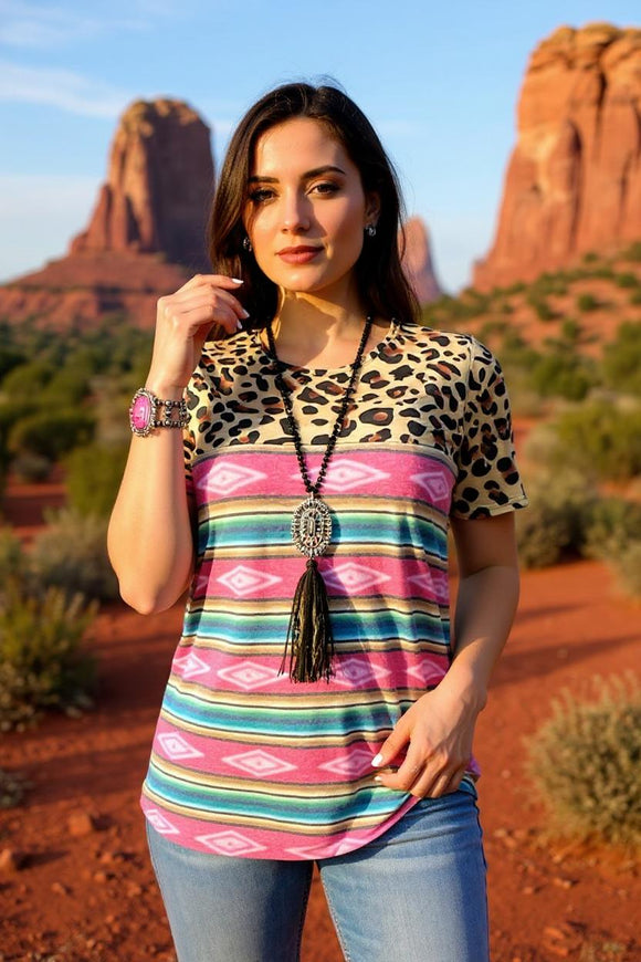 Western Aztec multi color & leopard printed short sleeve top YMY9996 (CS4)