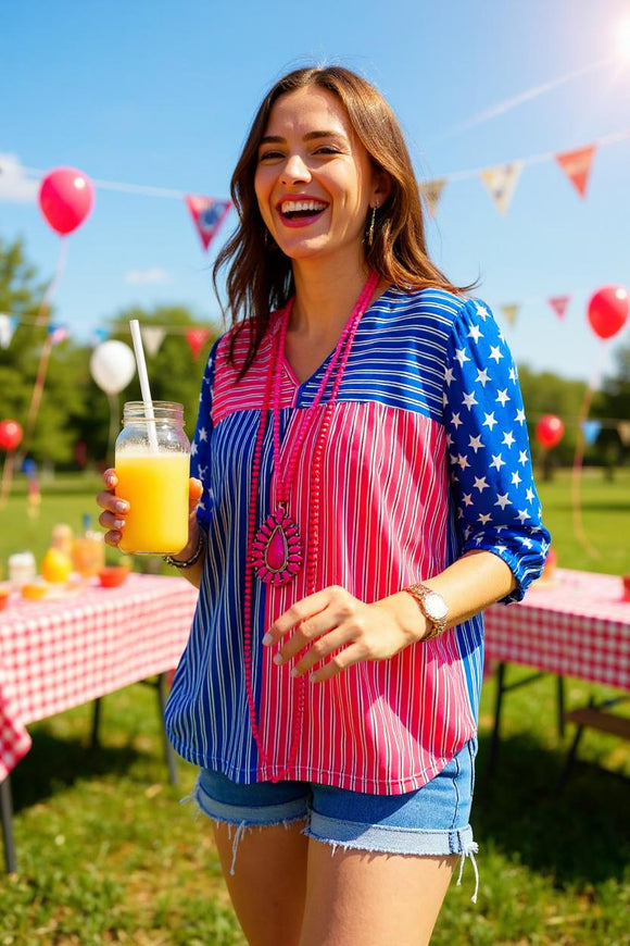 Women's blouse wholesaler 4th of July striped top with stars on the sleeves GJQ14720 (DS9)