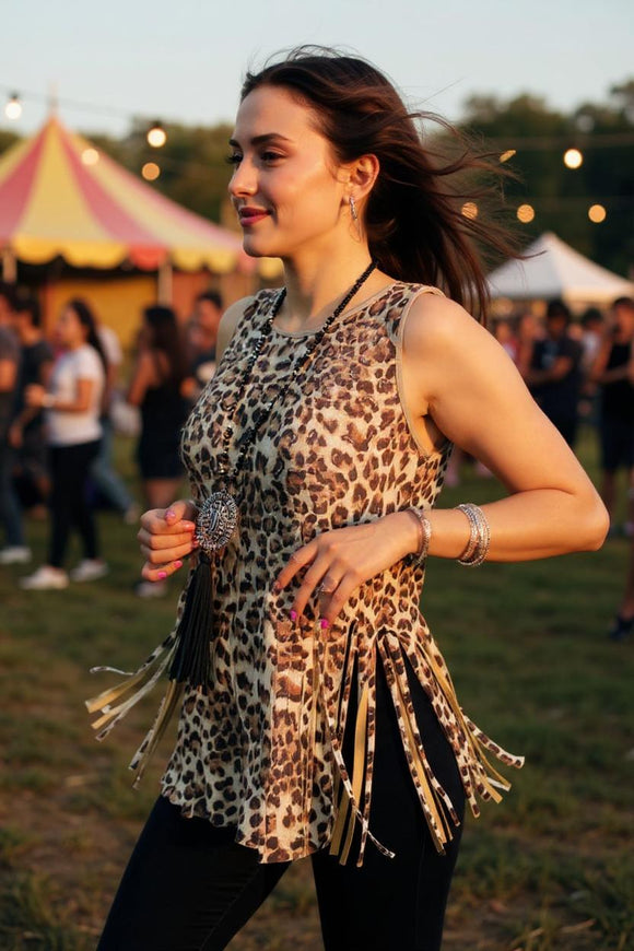 Shop women clothing Leopard tank top w/fringe tassels GJQ13325 CS11