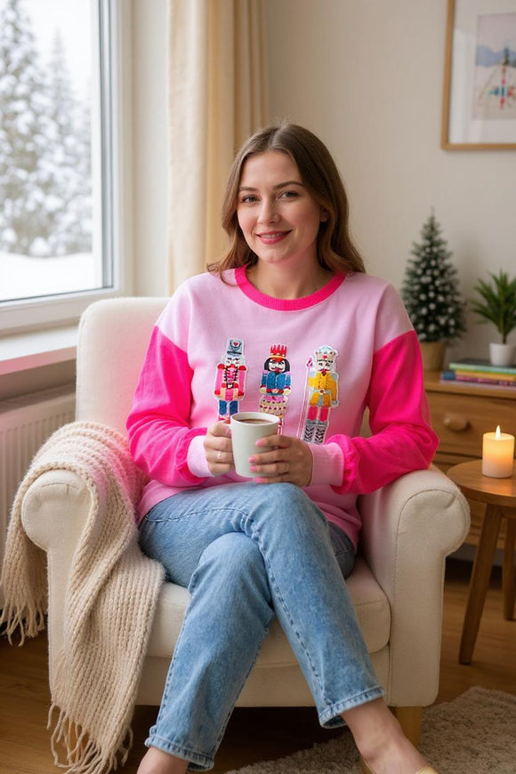 Sequin Nutcracker Graphic Colorblock Pink Christmas Long Sleeve Women Top XCH16022