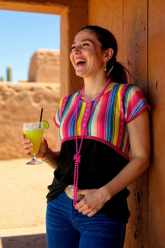 Western Multicolor serape printed short sleeve women top GJQ9936 FS6