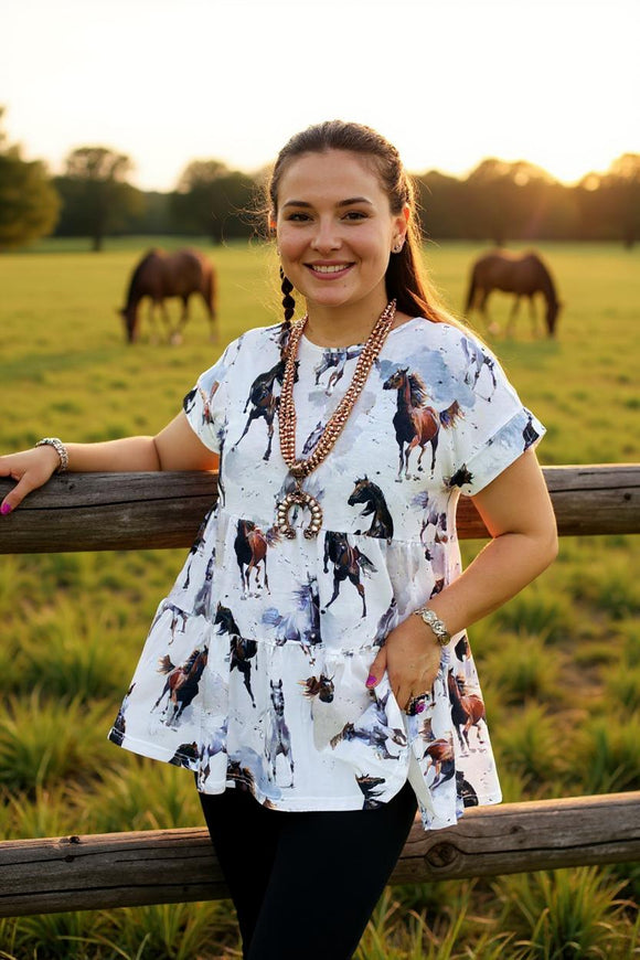 Women's top wholesale Horse printed short sleeves baby doll women blouse XCH14989 (DS1)