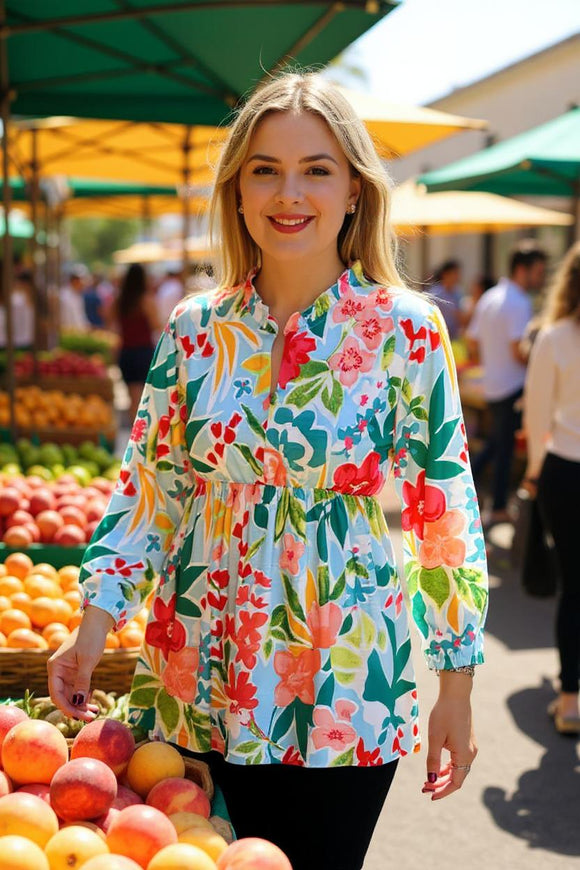 Buy women's blouse w/floral printed & 3/4 sleeves v-neckline GJQ16231