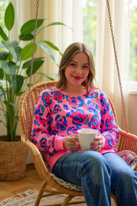 Plus size pink leopard long sleeve women's blouse GJQ16228
