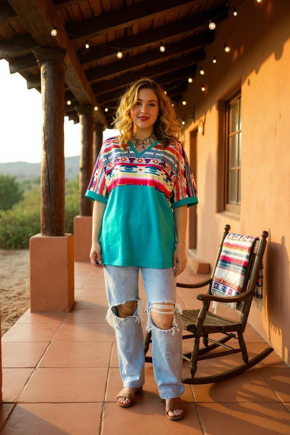 Bull/Aztec &Turquoise block solid color printed short sleeve women top GJQ9673-2