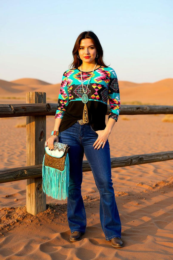 Western Black/multicolor Aztec printed w/ 3/4 sleeves women t-shirt  YMY9715 FS5