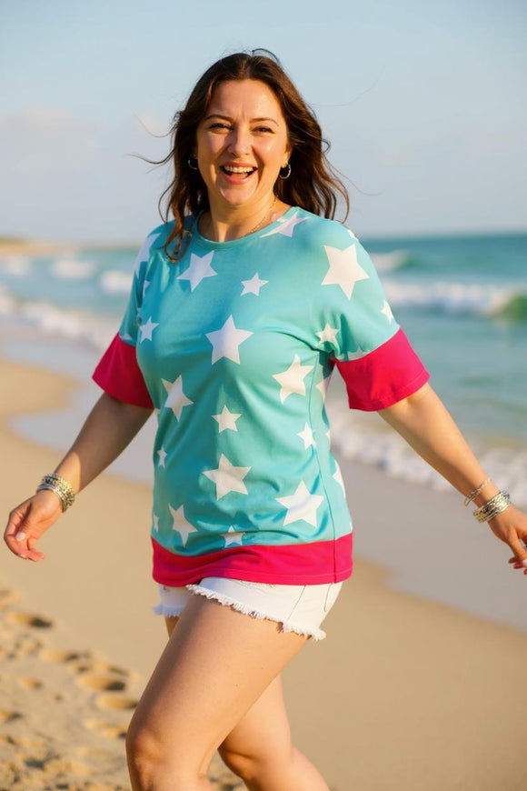 Blue w/white stars print short sleeve w/fuchsia trim women top GJQ9799-2  (GS10)