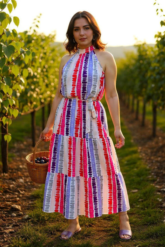 Multi color striped printed sleeveless halter maxi dress w/side pockets & waist belt GJQ13495