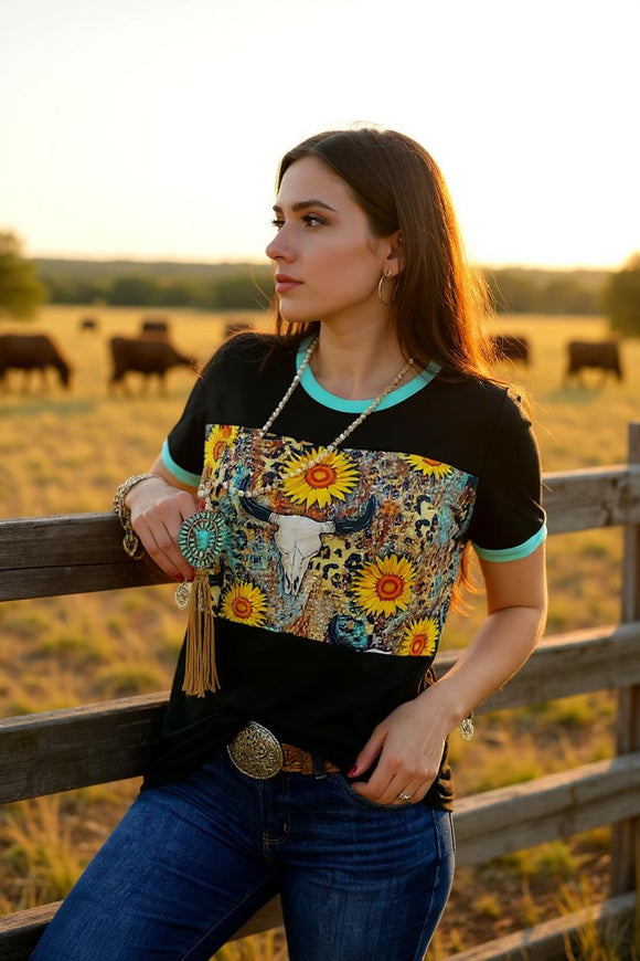 Black Bull skull & sunflower printed top DLH11297 GS13