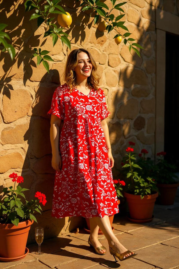 Women's dress w/red floral printed short sleeve dress w/side pockets XCH15923