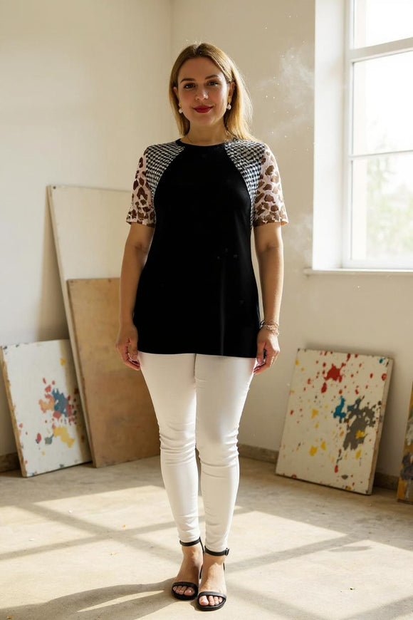 Women top w/checkered & leopard & black raglan short sleeve GJQ10064 (CS10)