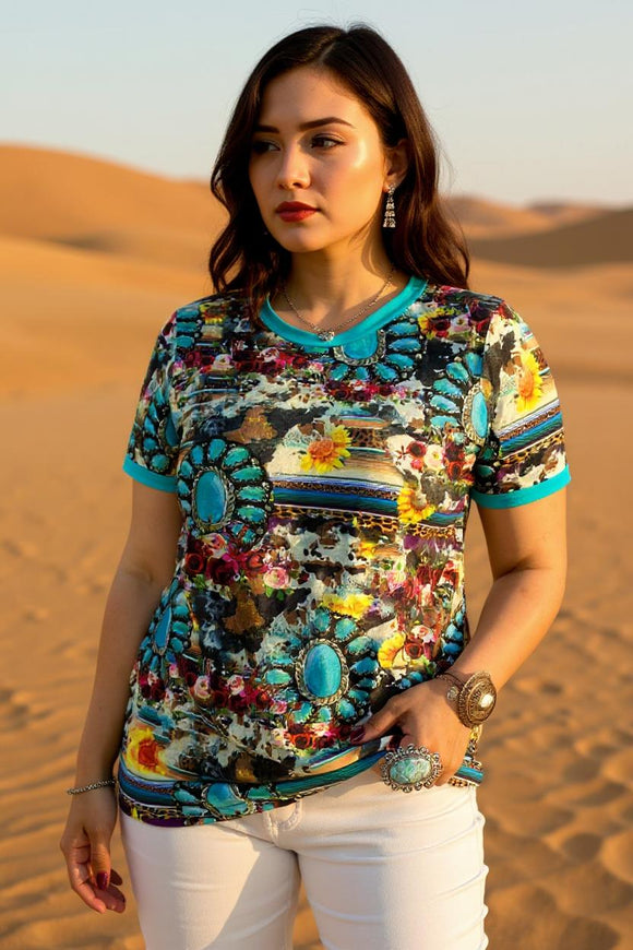 Turquoise jewel multi color printed short sleeves women tops XCH11682 CS10