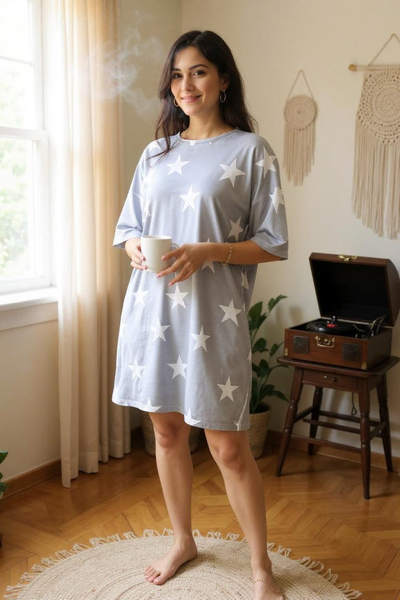 Shop women dress Grey & white star printed short sleeves & pockets GJQ13707 (BS6)