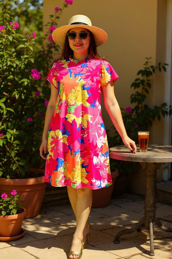 Women's dress w/floral bell short sleeve & side pockets GJQ15966