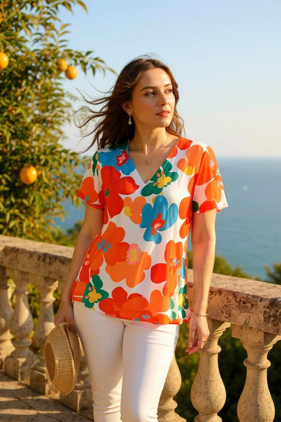Shop Floral printed short sleeve baby doll chiffon women blouse GJQ15918