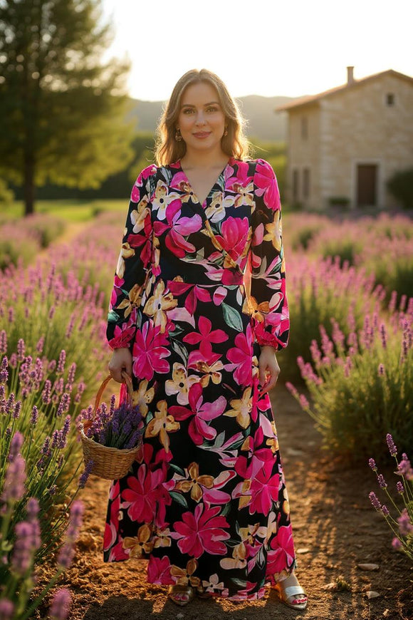 Flora printed long sleeve women's maxi dress wtih belt BQ16314
