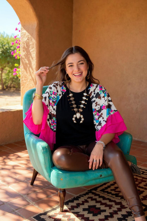 Cow & turquoise cactus sleeves with pink ruffle & black women top XCH14037 BS9