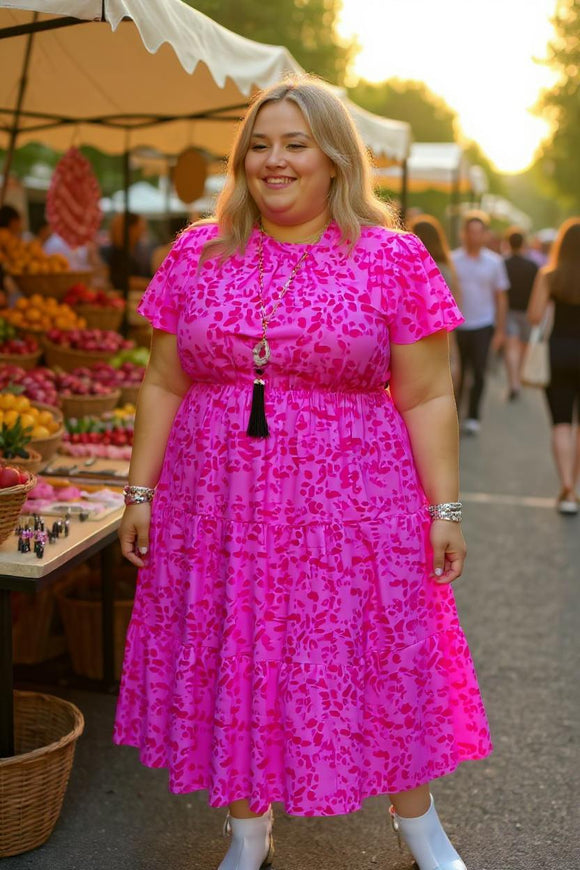Fuchsia leopard printed short sleeve w/ruffle women fuchsia dress GJQ15908
