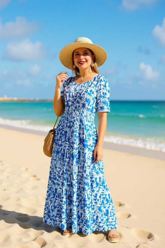 Women's maxi dress wholesale Blue floral prints & elastic waist & pockets GJQ16007