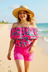 Women's shorts wholesale fuchsia ripped denim fabric & pockets J152