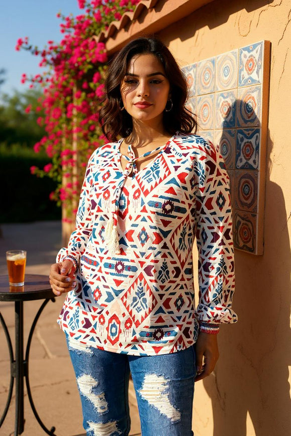 Westrn aztec printed women's blouse long sleeve w/string  YMY13362
