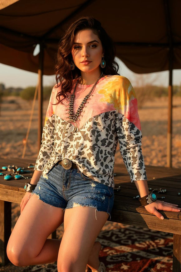 Pink/yellow tie dye & cow printed 3/4 sleeve women top BQ10547 (ES1)