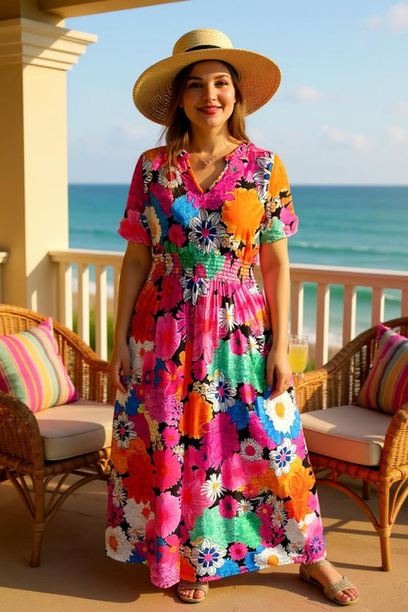 Women's maxi dress floral printed with elastic waist & short sleeves w/v-neckline XCH16213