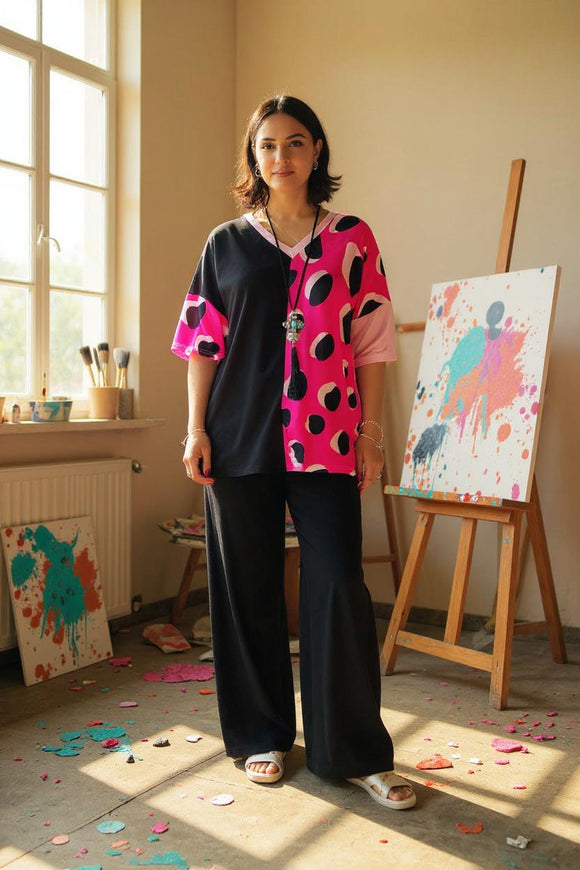 Half black & fuchsia/ pink leopard printed short sleeve women top XCH14276 (ES4)