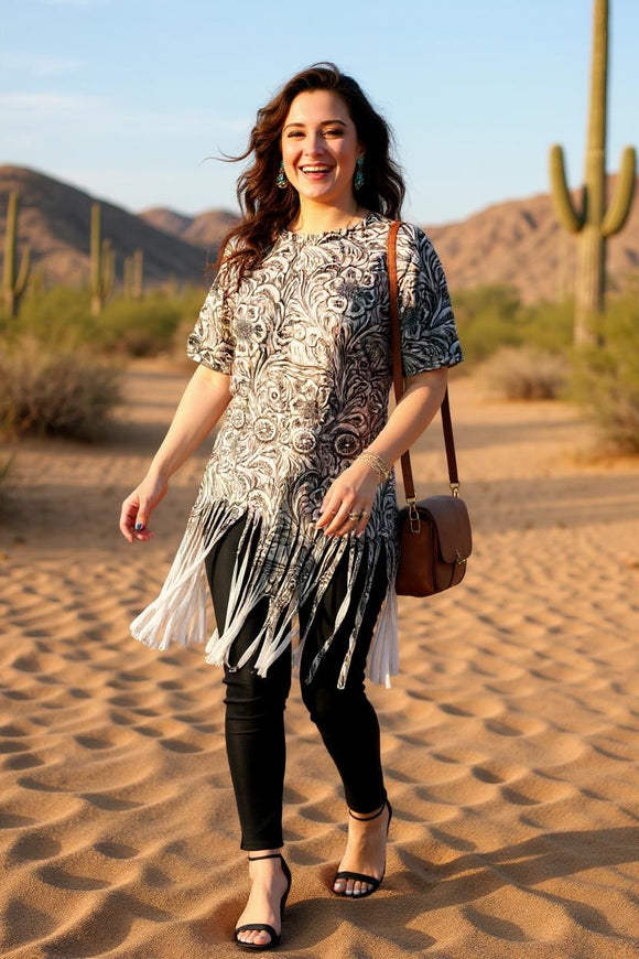 YMY14319 Paisley printed short sleeve women top bottom w/fringe & tassels