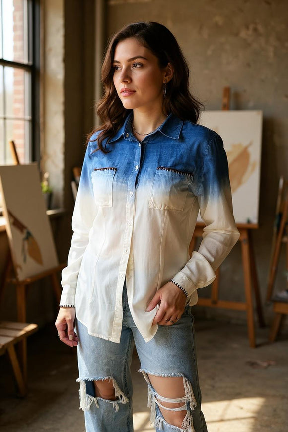 Blue tie dyed button down long sleeve women's blouse YT1030