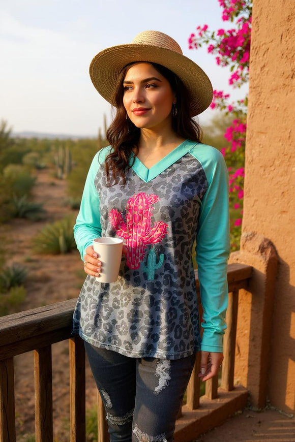 Western leopard printed & cactus v-neck long sleeve top XCH12111 (BS13)
