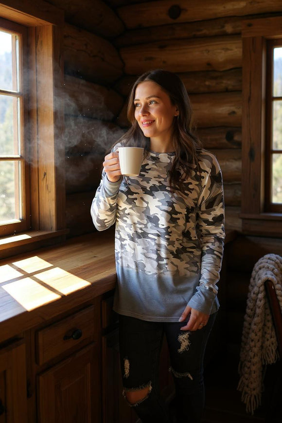 Camo printed & grey tie dye long sleeve women top XCH12096 CS9