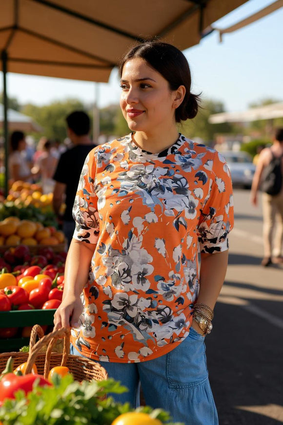 Women's t-shirt wholesale Orange floral printed & cow short sleeve top YMY12617 (GS3)