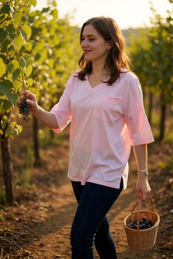 Solid light pink loose style women top with pocket YMY13664 CS11