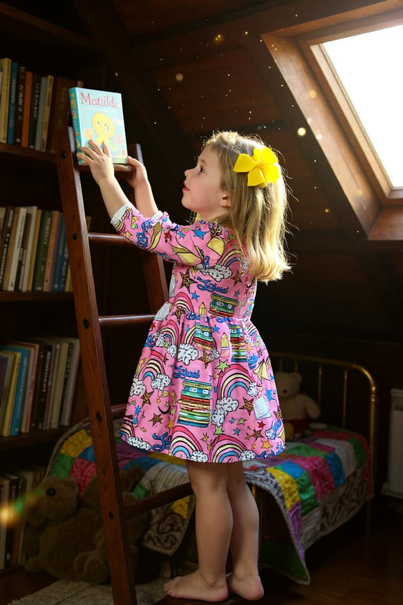 BACK TO School printed girl dress w/ 3/4 sleeves XCH0888-6H (A1S3)