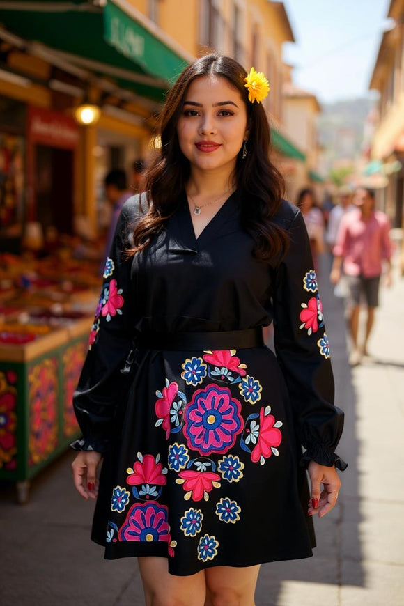 Western flower printed black women dress with/long sleeve and belt BQ16173