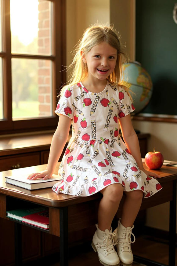 Back to school apple and leopard print pencil short sleeve girls dress DLH2544