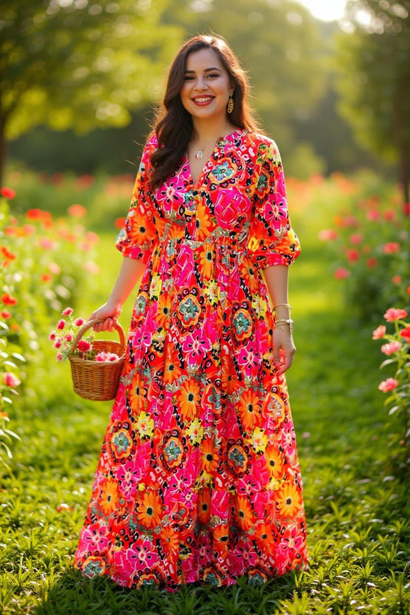 Western floral & aztec printed 3/4 seeve loose style women maxi dress BQ16222