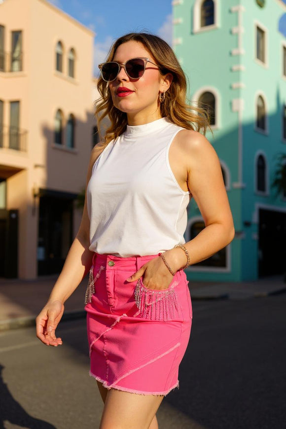 Women's skirt wholesale Pink denim & rhinestone tassels & pockets DLH13628 IS9