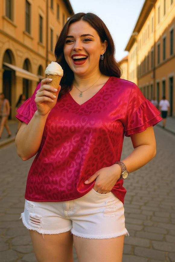 Plus size leopard printed short sleeve w/double ruffle women fuchsia tops BQ15891