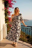 Black flower printed square collar half sleeves rayon women dress GJQ16251 BS5