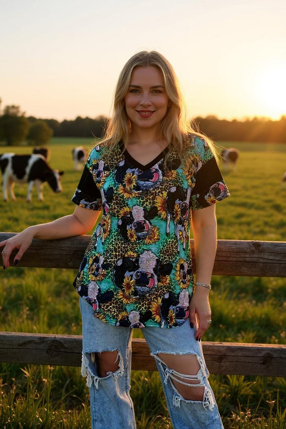 Women t-shirt suppliers Cow & sunflower leopard printed wshort sleeve tops BQ12527 (GS3)