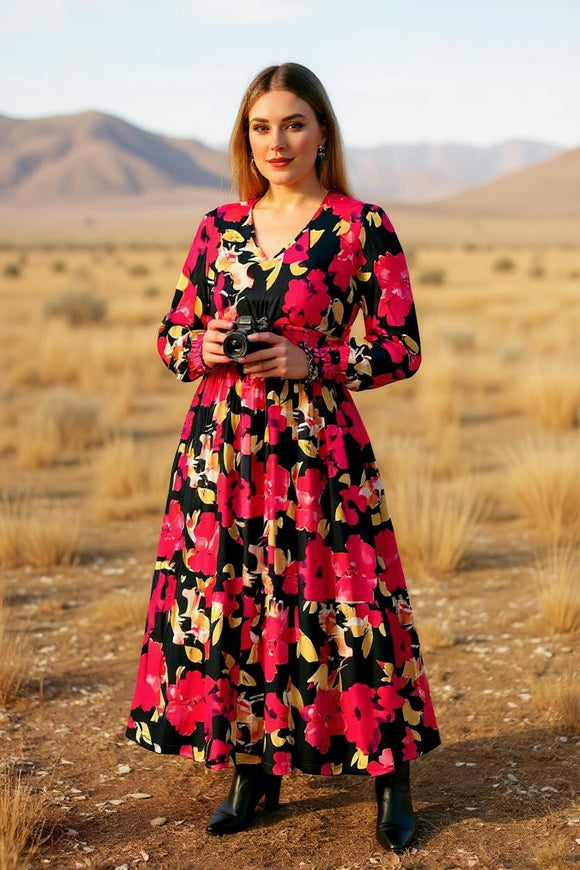 Fuchsia floral printed long sleeeve women maix dress with elastic waist GJQ16279 (AS2)