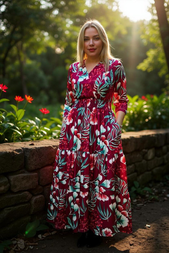 Burgundy floral printed 3/4 sleeves women maxi dress & pleats front v-neckline BQ16304 (A1S1)