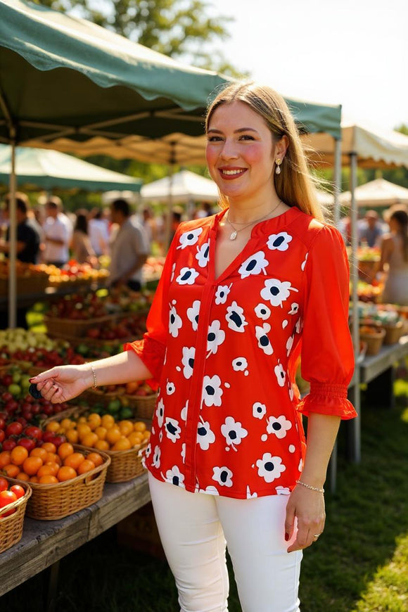 Women's boutique clothing suppliers Red flower prints & red color block & 3/4 sleeves BQ16055