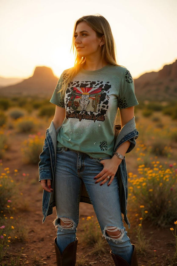 Army green bull & cactus printed short sleeve t-shirt XCH14575 (GS2)